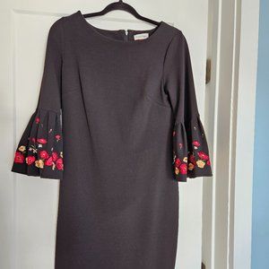 Black Calvin Klein bell sleeve dress with embroidery